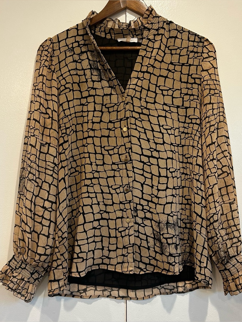 Calvin Klein Tan and Black Grid Print Ruffle Neck Blouse
